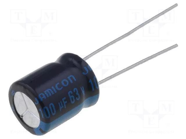 Capacitor: electrolytic; 100uF; 63VDC; Ø10x12.5mm; Pitch: 5mm; ±20% JAMICON TKR101M1JGBCM