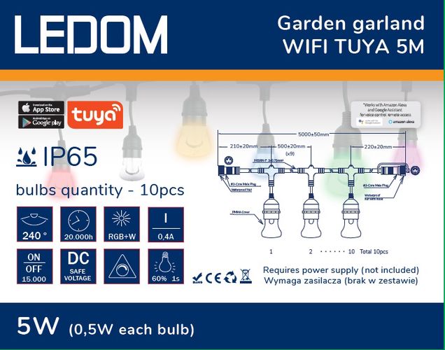 LED vanik, 5m, 10 LED lampiga, RGBW, digitaalne,veekindel IP65, Wi Fi, TUYA, LEDOM 471178