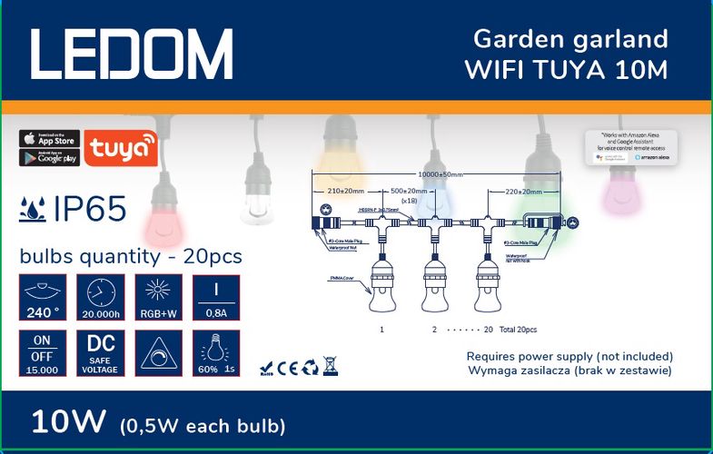 LED garland, 10m, 20 x LED RGBW, digital, hermetic IP65, Wi-Fi, TUYA, LEDOM 471185 5907777471185