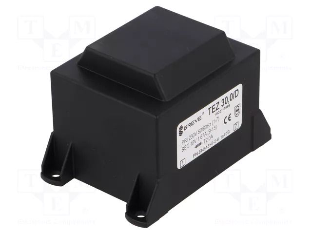 Transformer: encapsulated; 30VA; 230VAC; 18V; 1666.6mA; PCB; IP00 BREVE TUFVASSONS TEZ30/D/18V