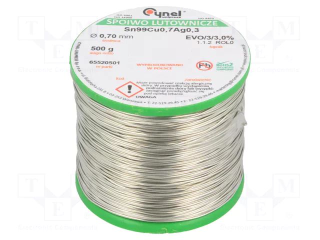 Tin; lead free; Sn99Ag0,3Cu0,7; 700um; 500g; reel; 216÷227°C; 3% CYNEL SAC0307-0.7/0.5