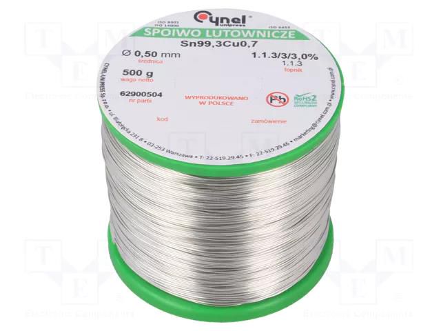 Tin; lead free; Sn99Ag0,3Cu0,7; 500um; 500g; reel; 216÷227°C; 3% CYNEL SAC0307-0.5/0.5