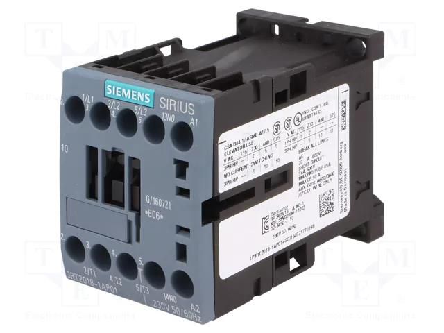 Contactor: 3-pole; NO x3; Auxiliary contacts: NO; 230VAC; 17A; 690V SIEMENS 3RT2018-1AP01