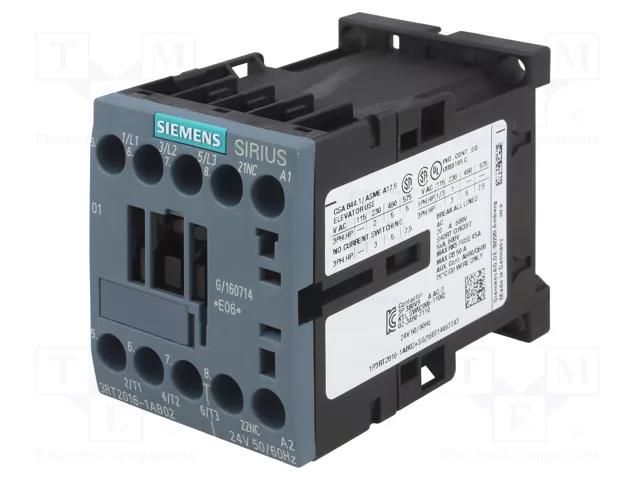 Contactor: 3-pole; NO x3; Auxiliary contacts: NC; 24VAC; 9A; 3RT20 SIEMENS 3RT2016-1AB02