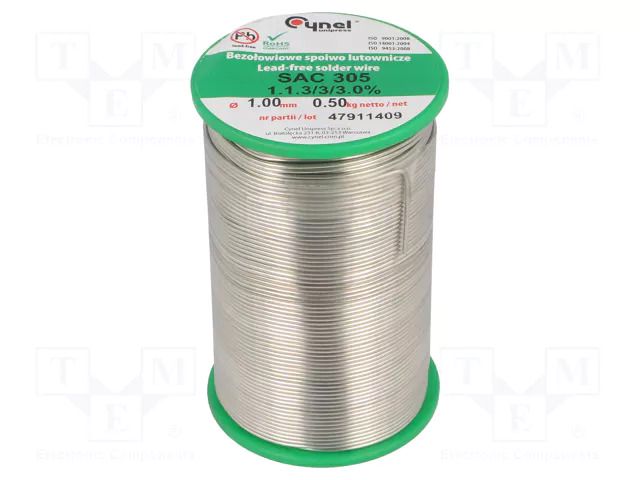 Tin; lead free; Sn96,5Ag3Cu0,5; 1mm; 500g; reel; 217÷220°C; 3% CYNEL SAC305-1.0/0.5