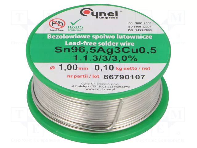Tin; lead free; Sn96,5Ag3Cu0,5; 1mm; 100g; reel; 217÷220°C; 3% CYNEL SAC305-1.0/0.1