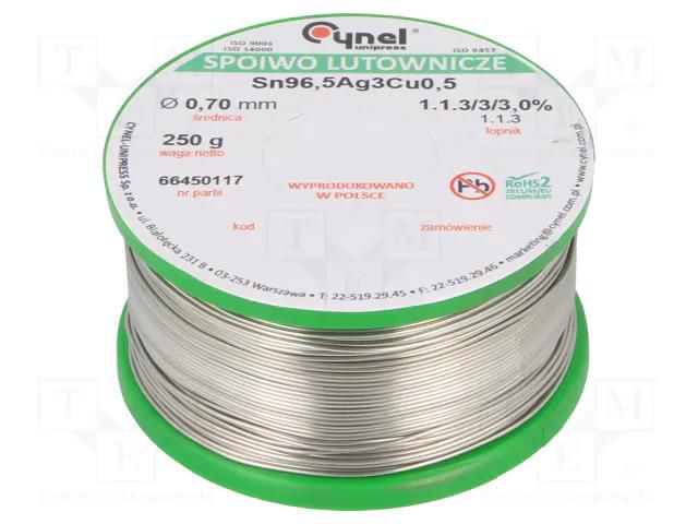 Tin; lead free; Sn96,5Ag3Cu0,5; 700um; 250g; reel; 217÷220°C; 3% CYNEL SAC305-0.7/0.25