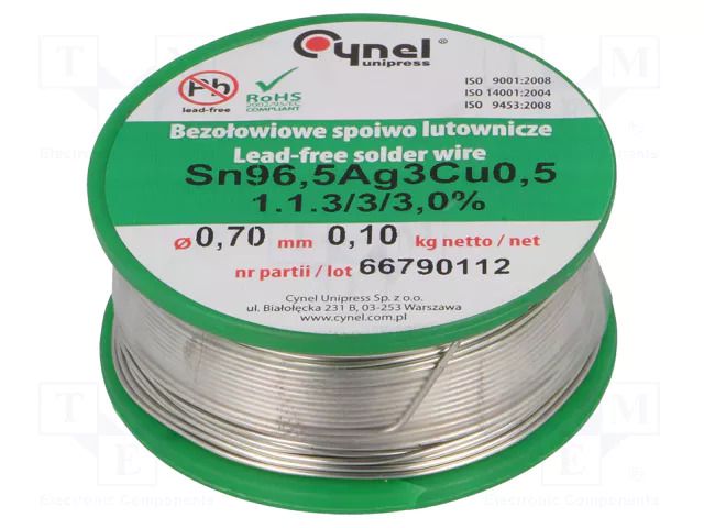 Tin; lead free; Sn96,5Ag3Cu0,5; 700um; 100g; reel; 217÷220°C; 3% CYNEL SAC305-0.7/0.1