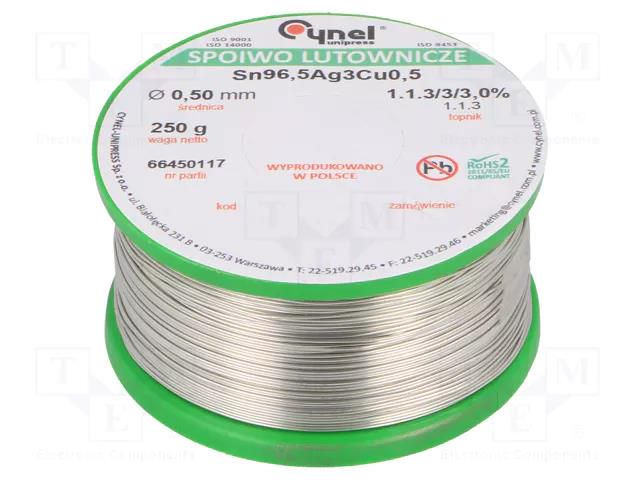 Tin; lead free; Sn96,5Ag3Cu0,5; 500um; 250g; reel; 217÷219°C; 3% CYNEL SAC305-0.5/0.25