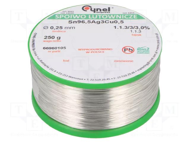 Tin; lead free; Sn96,5Ag3Cu0,5; 250um; 250g; reel; 217÷219°C; 3% CYNEL SAC305-0.25/0.25