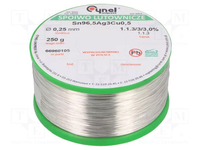 Tin; lead free; Sn96,5Ag3Cu0,5; 250um; 250g; reel; 217÷220°C; 3% CYNEL SAC305-0.25/0.25