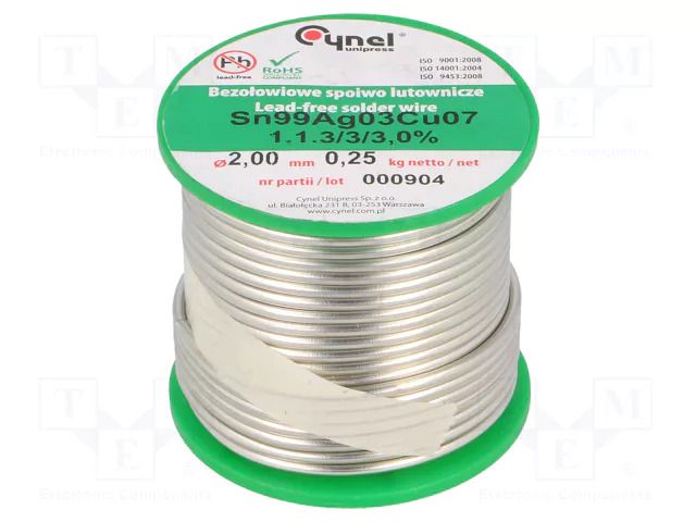 Tin; lead free; Sn99Ag0,3Cu0,7; 2mm; 250g; reel; 216÷227°C; 3% CYNEL SAC0307-2.0/0.25