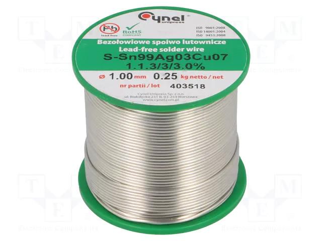 Tin; lead free; Sn99Ag0,3Cu0,7; 1mm; 250g; reel; 216÷227°C; 3% CYNEL SAC0307-1.0/0.25