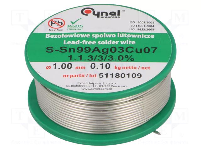 Tin; lead free; Sn99Ag0,3Cu0,7; 1mm; 100g; reel; 216÷227°C; 3% CYNEL SAC0307-1.0/0.1