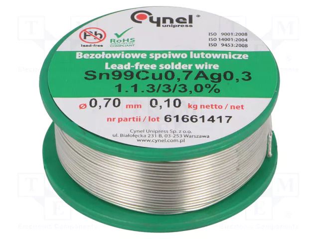 Tin; lead free; Sn99Ag0,3Cu0,7; 700um; 100g; reel; 216÷227°C; 3% CYNEL SAC0307-0.7/0.1