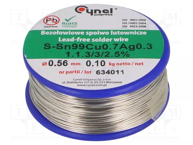 Tin; lead free; Sn99Ag0,3Cu0,7; 560um; 100g; reel; 216÷227°C; 3% CYNEL SAC0307-0.56/0.1