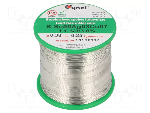 Tin; lead free; Sn99Ag0,3Cu0,7; 380um; 250g; reel; 216÷227°C; 3% CYNEL SAC0307-0.38/0.25