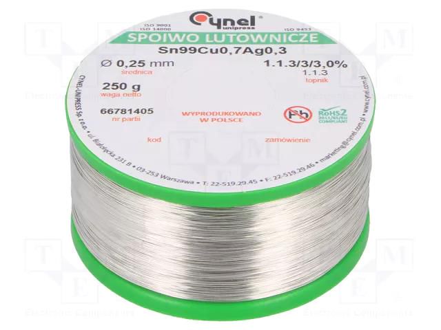 Tin; lead free; Sn99Ag0,3Cu0,7; 250um; 250g; reel; 216÷227°C; 3% CYNEL SAC0307-0.25/0.25