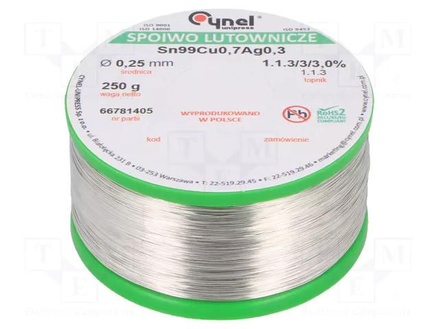 Tin; lead free; Sn99Ag0,3Cu0,7; 250um; 250g; reel; 216÷227°C; 3% CYNEL SAC0307-0.25/0.25