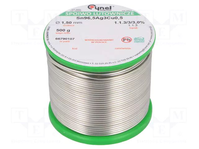 Tin; lead free; Sn96,5Ag3Cu0,5; 1.5mm; 500g; reel; 217÷220°C; 3% CYNEL SAC305-1.5/0.5