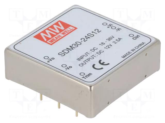 Converter: DC/DC; 30W; Uin: 18÷36VDC; Uout: 12VDC; Iout: 2.5A; 2"x2" MEAN WELL SDM30-24S12