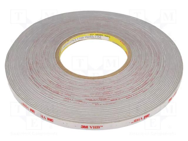 Tape: fixing; W: 9mm; L: 33m; Thk: 0.6mm; acrylic; grey 3M 3M-4936-9-33