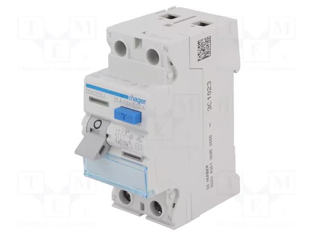 RCD breaker; Inom: 25A; Ires: 30mA; Max surge current: 250A; 240VAC HAGER CDC225J