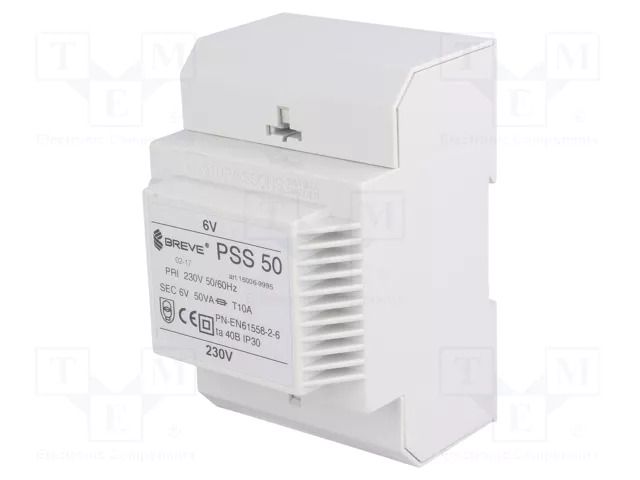 Transformer: mains; 50VA; 230VAC; 6V; Leads: terminal block; IP30 BREVE TUFVASSONS PSS50/230/6V