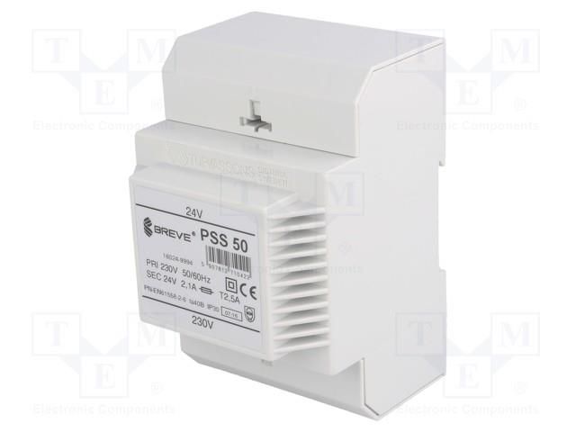 Transformer: mains; 50VA; 230VAC; 24V; Leads: terminal block; IP30 BREVE TUFVASSONS PSS50/230/24V