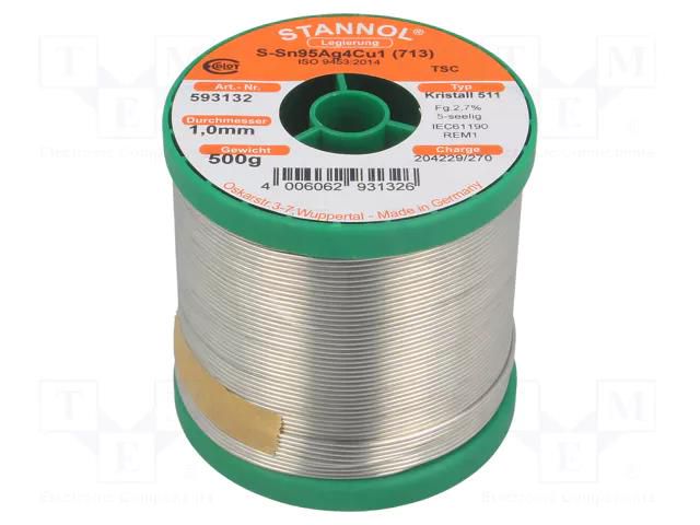 Tin; lead free; Sn95,5Ag3,8Cu0,7; 1mm; 0.5kg; reel; 217°C STANNOL SN955K511/1.0/0.5