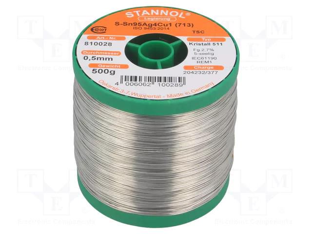 Tin; lead free; Sn95,5Ag3,8Cu0,7; 500um; 0.5kg; reel; 217°C STANNOL SN955K511/0.5/0.5