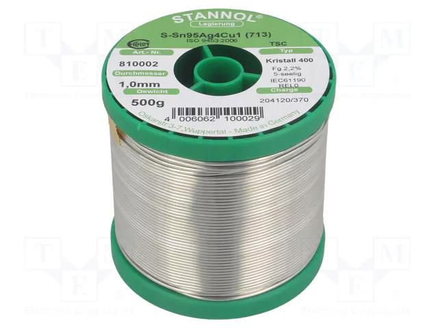 Tin; lead free; Sn95,5Ag3,8Cu0,7; 1mm; 0.5kg; reel; 217°C STANNOL SN955K400/1.0/0.5