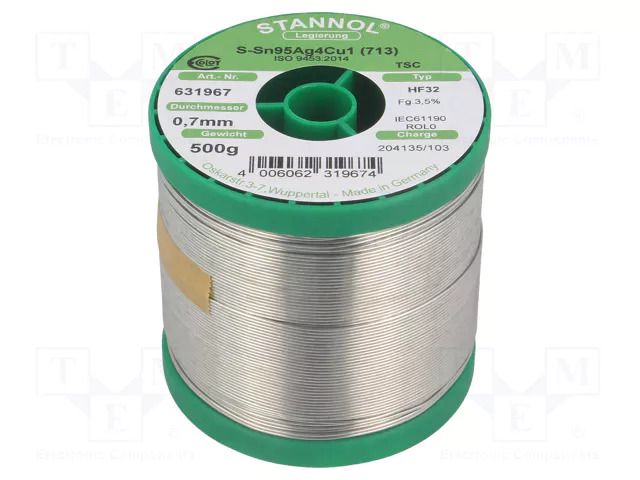 Tin; lead free; Sn95,5Ag3,8Cu0,7; 0.7mm; 0.5kg; reel; 217°C; HF32 STANNOL SN955HF32/0.7/0.5