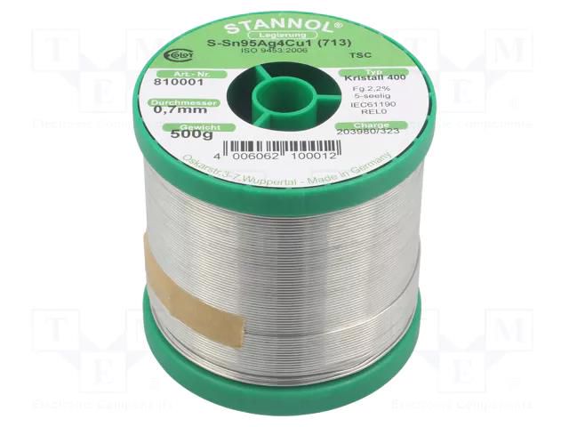 Tin; lead free; Sn95,5Ag3,8Cu0,7; 700um; 0.5kg; reel; 217°C STANNOL SN955K400/0.7/0.5