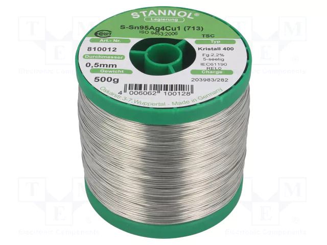 Tin; lead free; Sn95,5Ag3,8Cu0,7; 500um; 0.5kg; reel; 217°C STANNOL SN955K400/0.5/0.5