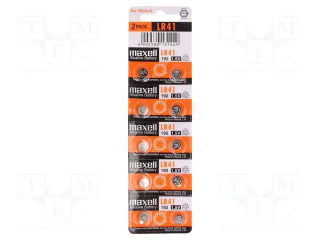 Battery: alkaline; LR41,coin,R736; 1.5V; non-rechargeable; 10pcs. MAXELL BAT-LR41/MX-B10