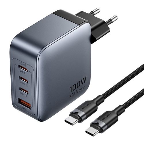 Vention power charger 3x USB-C, 1x USB-A, (100W/100W/30W/30W) (grey) with USB-C to USB-C cable (1m) (black), Vention TZ-FETH0-EU