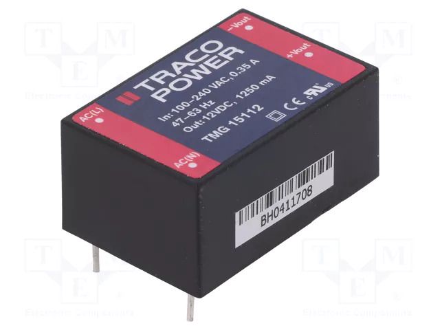 Converter: AC/DC; 15W; Uin: 90÷264VAC,120÷370VDC; Uout: 12VDC; 84% TRACO POWER TMG15112