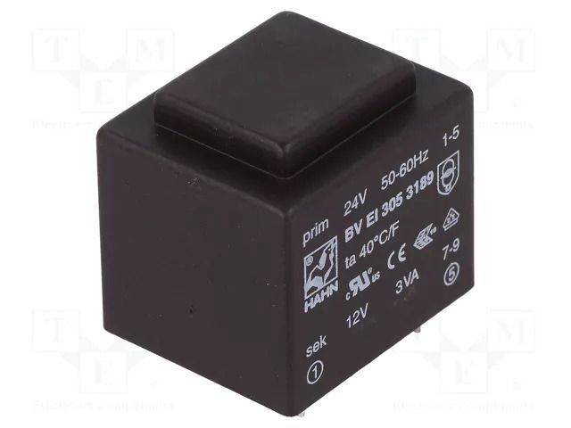 Transformer: encapsulated; 3VA; 24VAC; 12V; 250mA; PCB; BVEI HAHN BVEI3053189