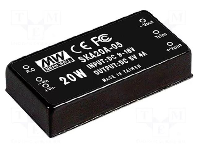 Converter: DC/DC; 20W; Uin: 9÷18VDC; Uout: 12VDC; Iout: 1666mA; 2"x1" MEAN WELL SKA20A-12