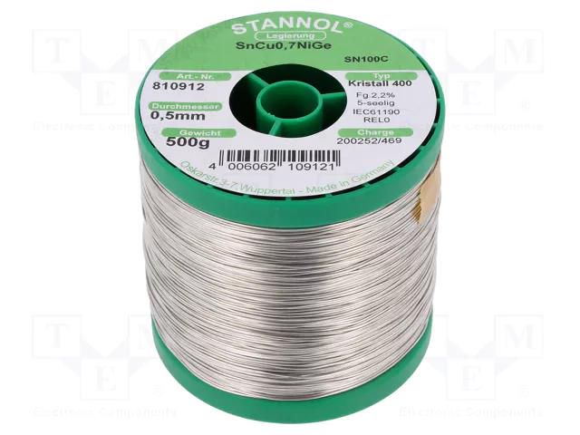Tin; lead free; Sn99,3Cu0,7+NiGe; 0.5mm; 0.5kg; reel; 227°C STANNOL SN100K400/0.5/0.5