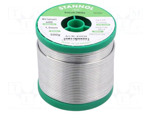 Tin; lead free; Sn99,3Cu0,7+NiGe; 1.5mm; 0.5kg; reel; 227°C STANNOL SN100K400/1.5/0.5
