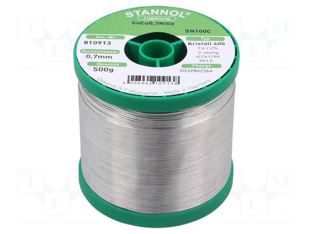 Tin; lead free; Sn99,3Cu0,7+NiGe; 0.7mm; 0.5kg; reel; 227°C STANNOL SN100K400/0.7/0.5