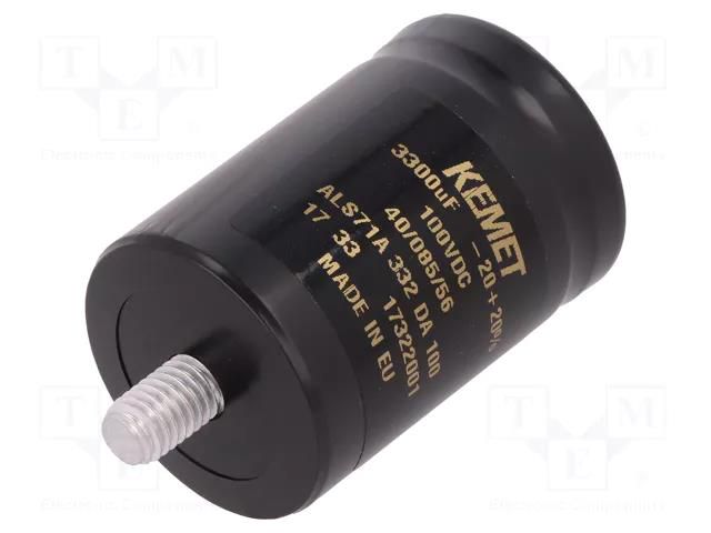 Capacitor: electrolytic; 3.3mF; 100VDC; Ø36x52mm; Pitch: 12.8mm KEMET ALS71A332DA100