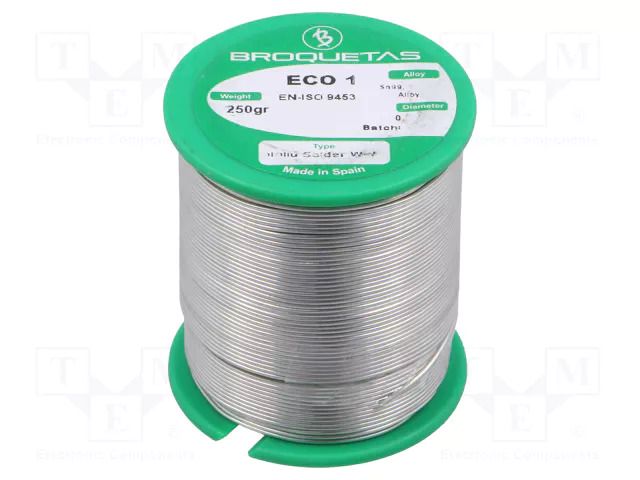 Tin; lead free; Sn99,3Cu0,7; 0.7mm; 250g; reel; Flux: flux free BROQUETAS ECO1-07/025/SW