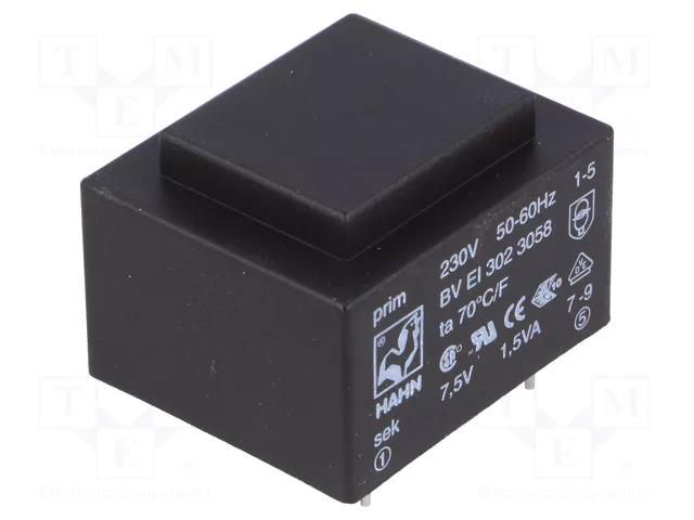 Transformer: encapsulated; 1.5VA; 230VAC; 7.5V; 200mA; PCB; BVEI HAHN BVEI3023058