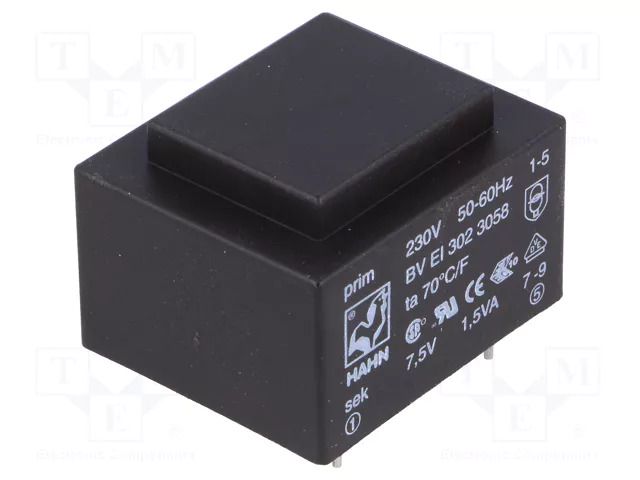 Transformer: encapsulated; 1.5VA; 230VAC; 7.5V; 200mA; PCB; BVEI HAHN BVEI3023058