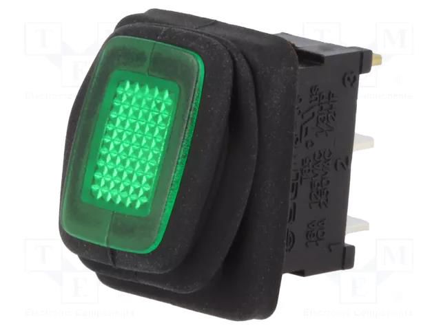 ROCKER; SPST; Pos: 2; ON-OFF; 10A/250VAC; green; IP65; neon lamp SCI R13-66B8-02-BBG