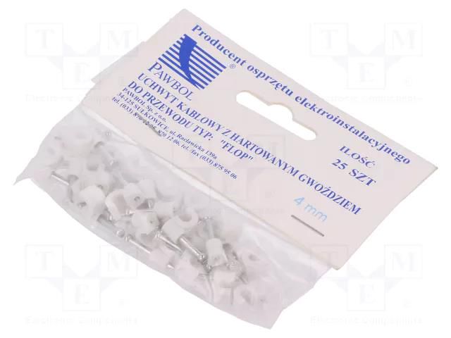 Holder; white; on round cable; 25pcs; with a nail; 4mm PAWBOL PW-H.7002A-25