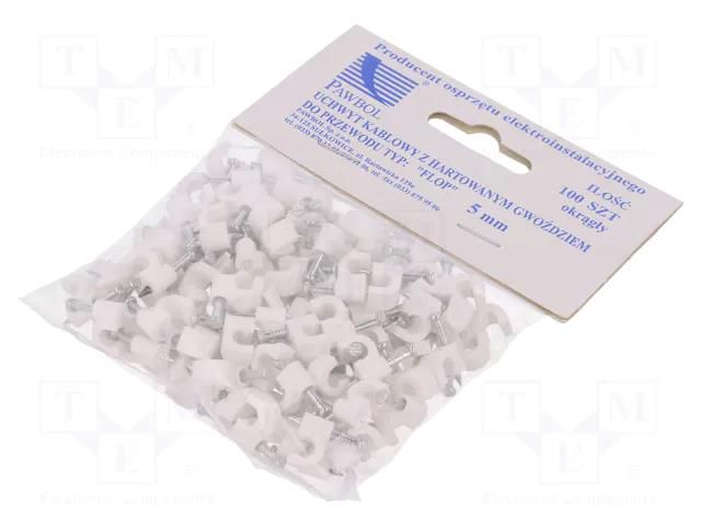 Holder; white; on round cable; 100pcs; with a nail; 5mm PAWBOL PW-H.7003A-100